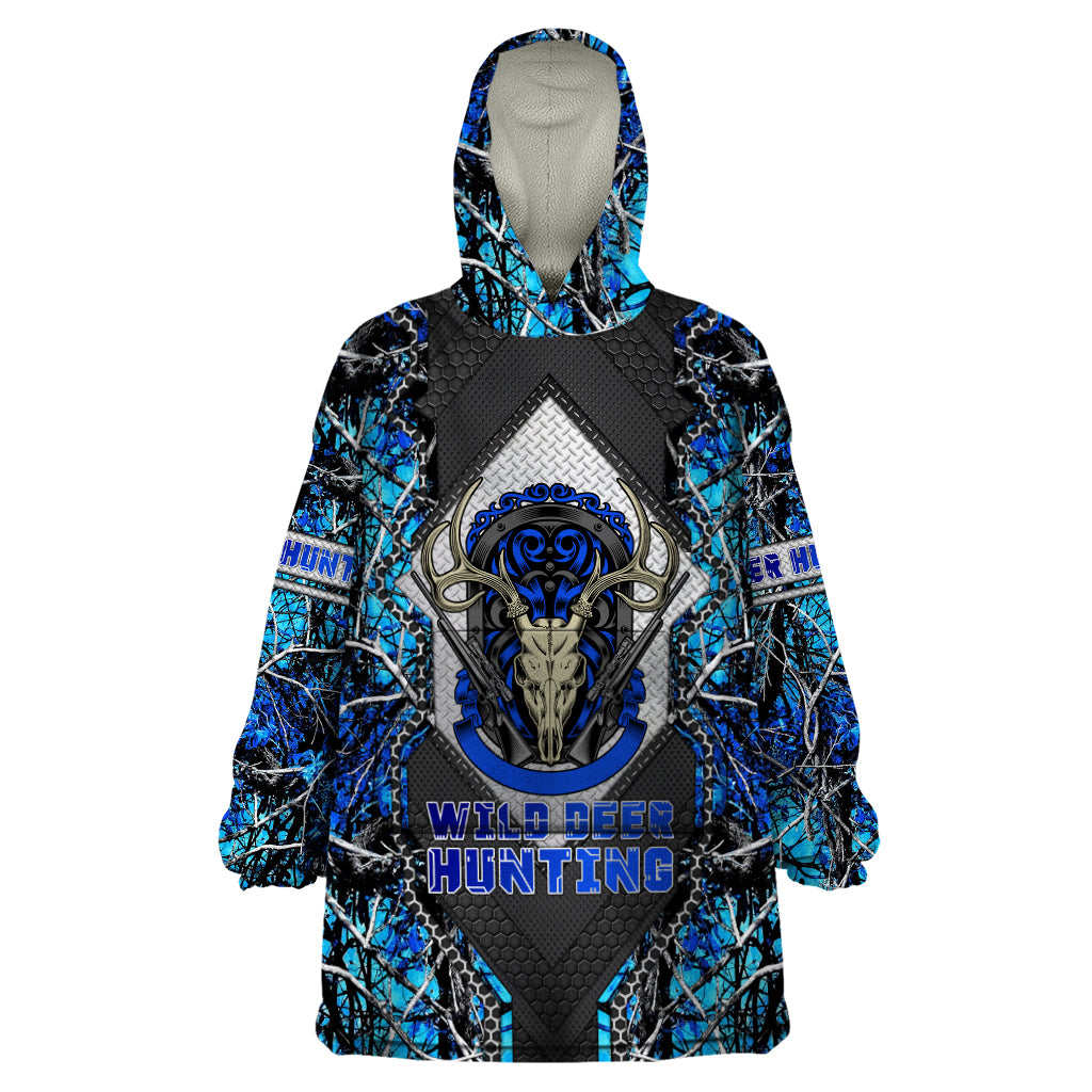 Wild Deer Hunting Wearable Blanket Hoodie Skull Blue Art - Wonder Print Shop
