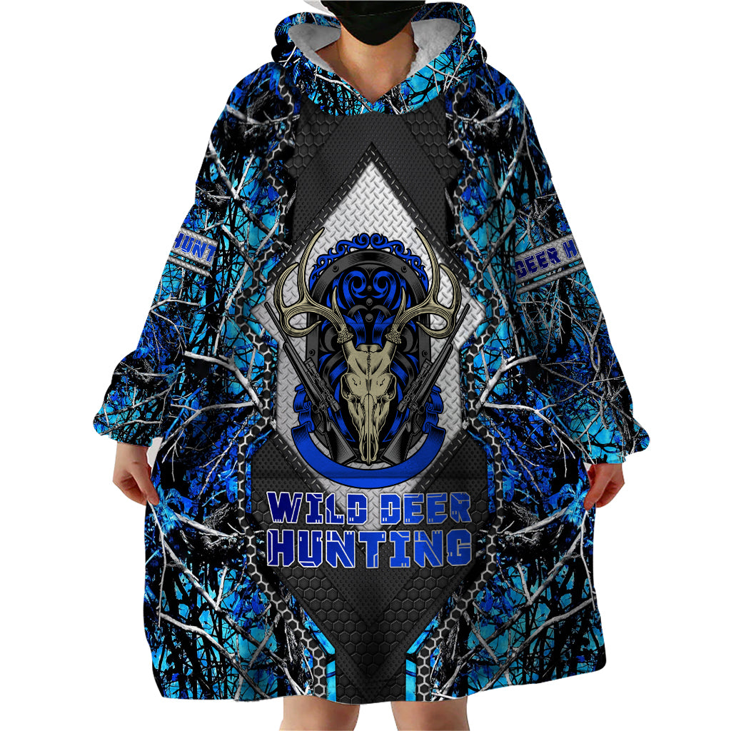 Wild Deer Hunting Wearable Blanket Hoodie Skull Blue Art - Wonder Print Shop