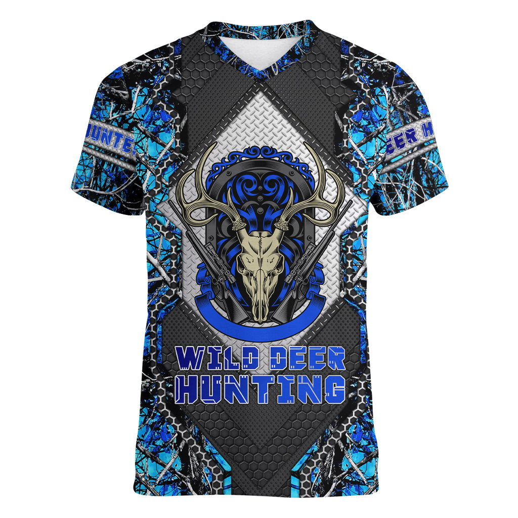 Wild Deer Hunting Women V Neck T Shirt Skull Blue Art - Wonder Print Shop