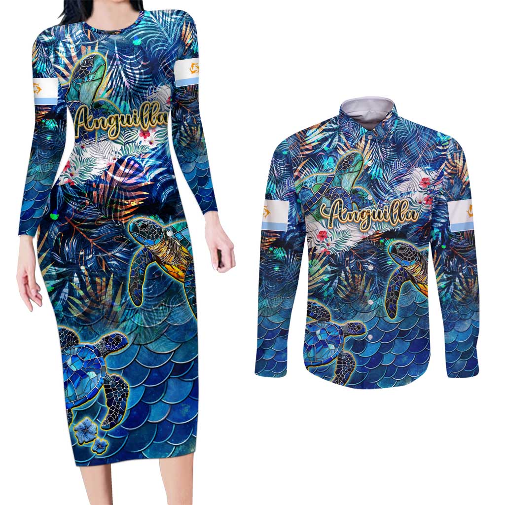 Anguilla Couples Matching Long Sleeve Bodycon Dress and Long Sleeve Button Shirt