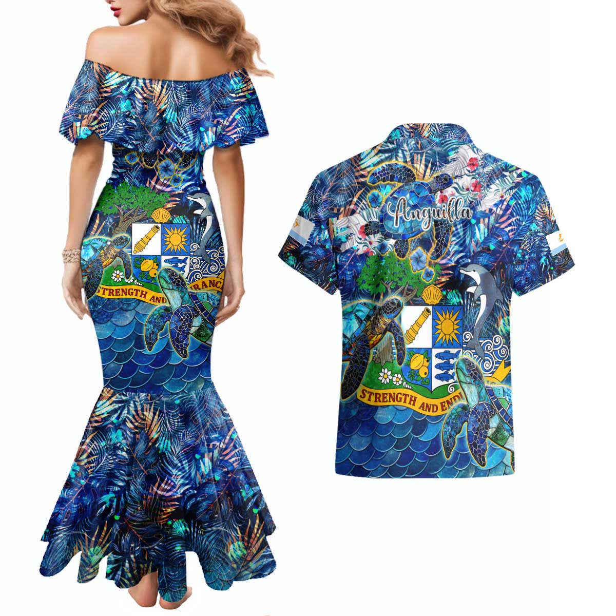 Anguilla Couples Matching Mermaid Dress and Hawaiian Shirt