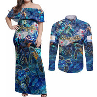 Anguilla Couples Matching Off Shoulder Maxi Dress and Long Sleeve Button Shirt