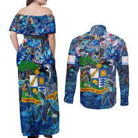 Anguilla Couples Matching Off Shoulder Maxi Dress and Long Sleeve Button Shirt
