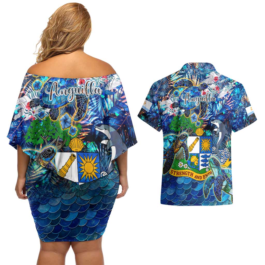 Anguilla Couples Matching Off Shoulder Short Dress and Hawaiian Shirt