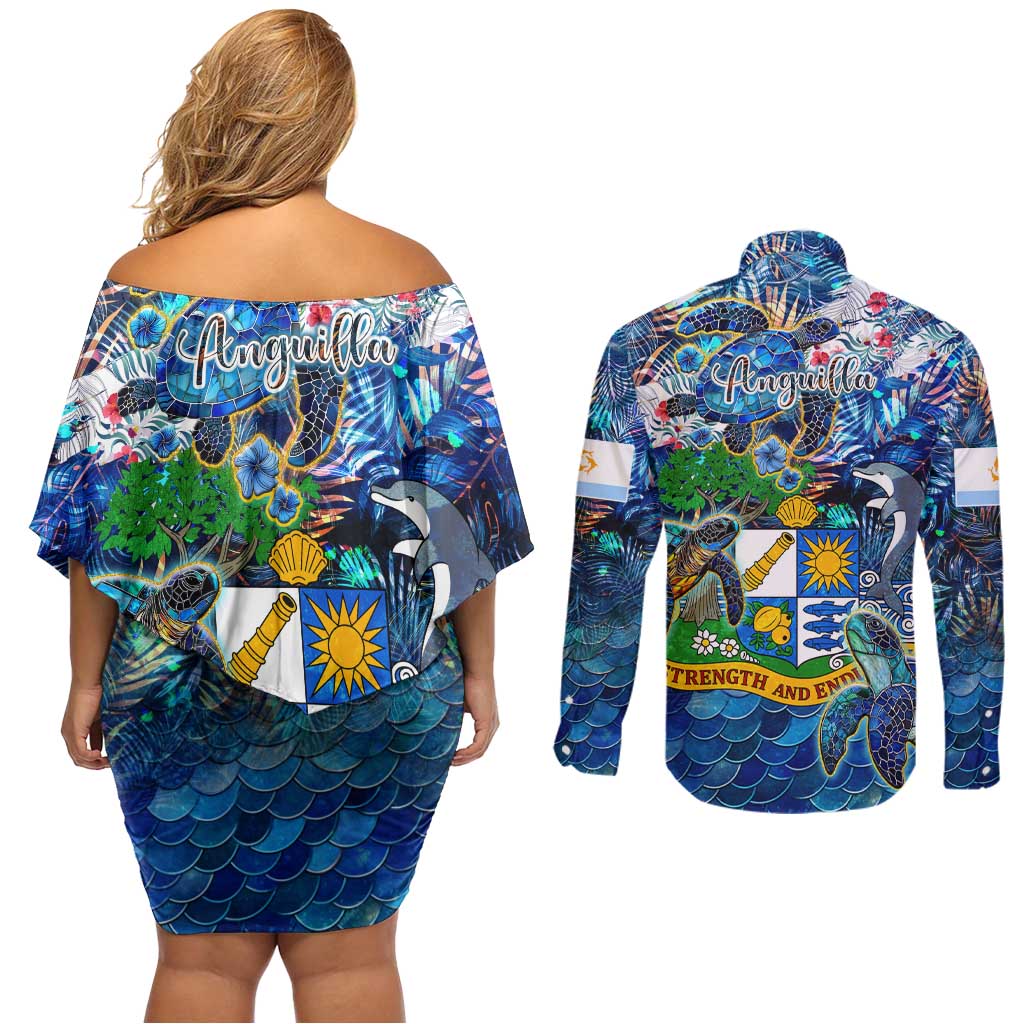 Anguilla Couples Matching Off Shoulder Short Dress and Long Sleeve Button Shirt