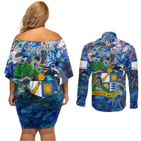 Anguilla Couples Matching Off Shoulder Short Dress and Long Sleeve Button Shirt