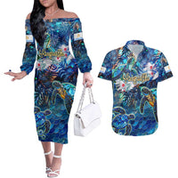 Anguilla Couples Matching Off The Shoulder Long Sleeve Dress and Hawaiian Shirt