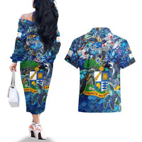 Anguilla Couples Matching Off The Shoulder Long Sleeve Dress and Hawaiian Shirt