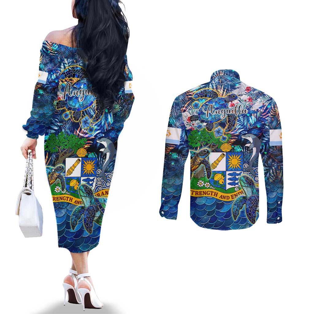 Anguilla Couples Matching Off The Shoulder Long Sleeve Dress and Long Sleeve Button Shirt