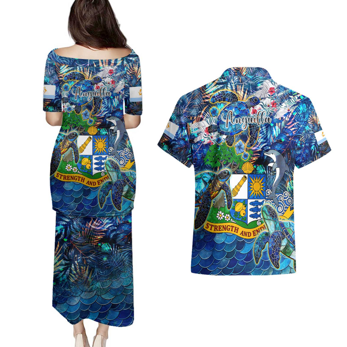 Anguilla Couples Matching Puletasi and Hawaiian Shirt