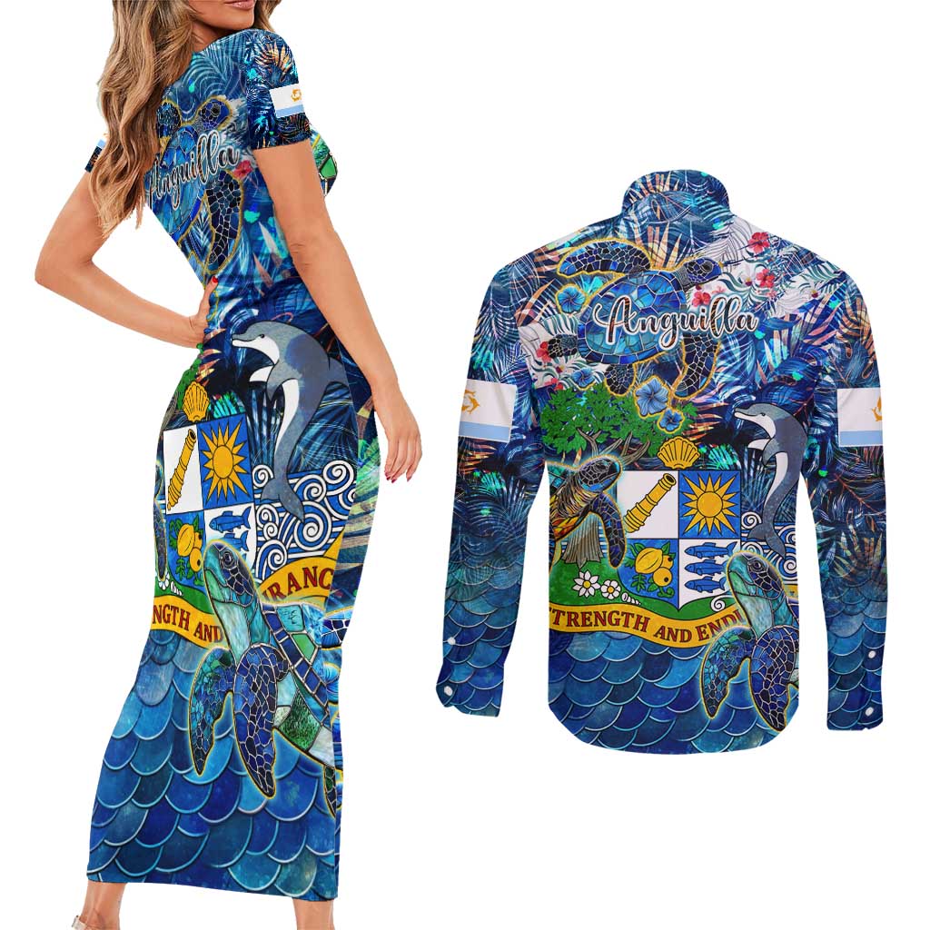 Anguilla Couples Matching Short Sleeve Bodycon Dress and Long Sleeve Button Shirt
