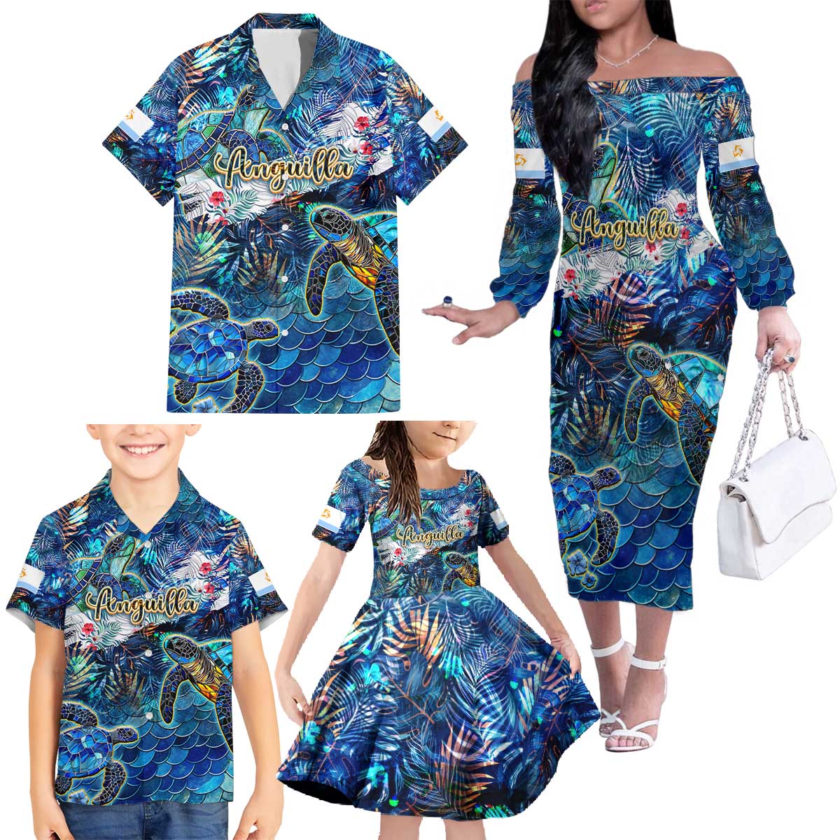 Anguilla Family Matching Off The Shoulder Long Sleeve Dress and Hawaiian Shirt