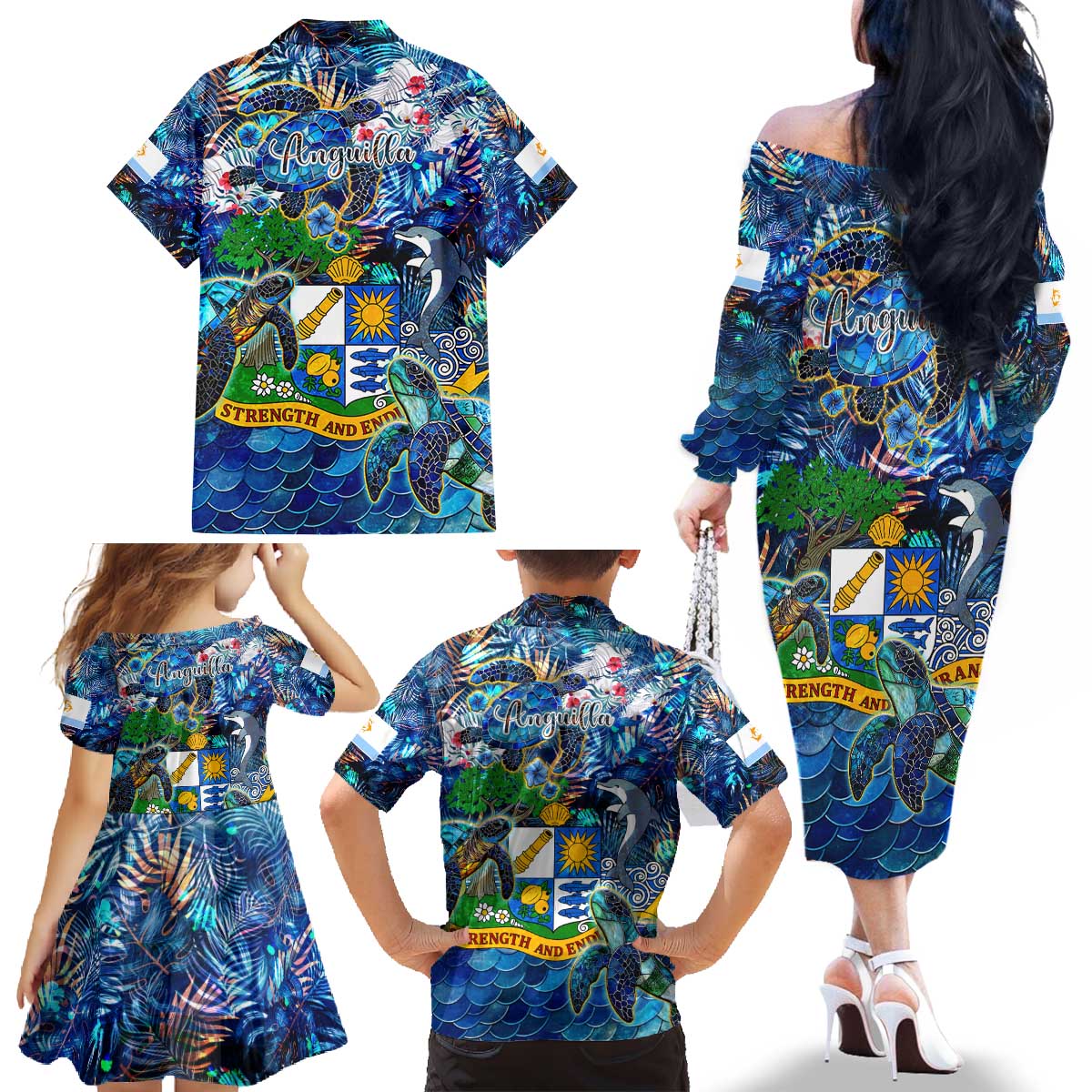 Anguilla Family Matching Off The Shoulder Long Sleeve Dress and Hawaiian Shirt