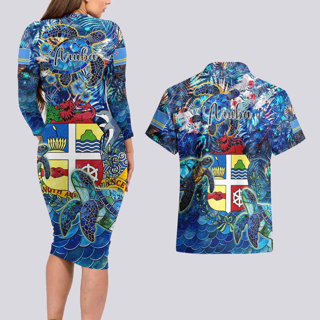 Aruba Couples Matching Long Sleeve Bodycon Dress and Hawaiian Shirt Sea Turtle Tropical Pattern