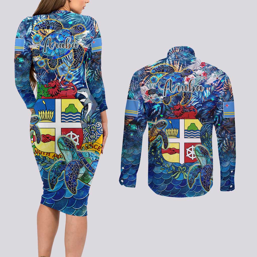 Aruba Couples Matching Long Sleeve Bodycon Dress and Long Sleeve Button Shirt Sea Turtle Tropical Pattern