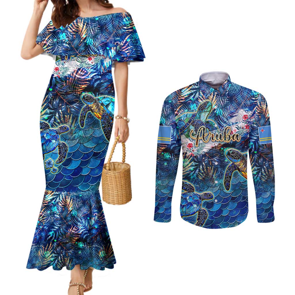 Aruba Couples Matching Mermaid Dress and Long Sleeve Button Shirt Sea Turtle Tropical Pattern