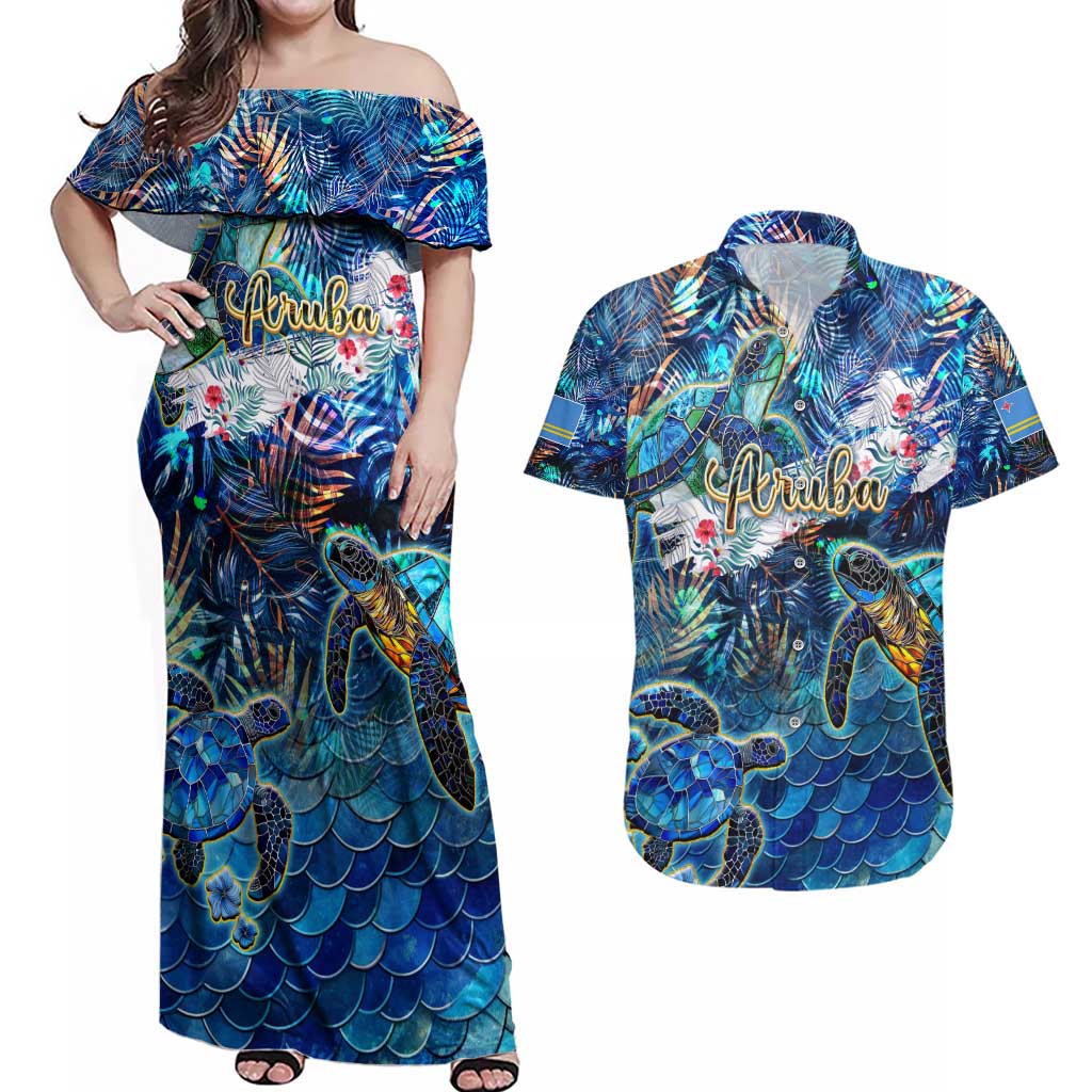 Aruba Couples Matching Off Shoulder Maxi Dress and Hawaiian Shirt Sea Turtle Tropical Pattern