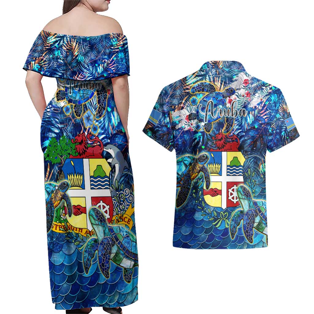 Aruba Couples Matching Off Shoulder Maxi Dress and Hawaiian Shirt Sea Turtle Tropical Pattern