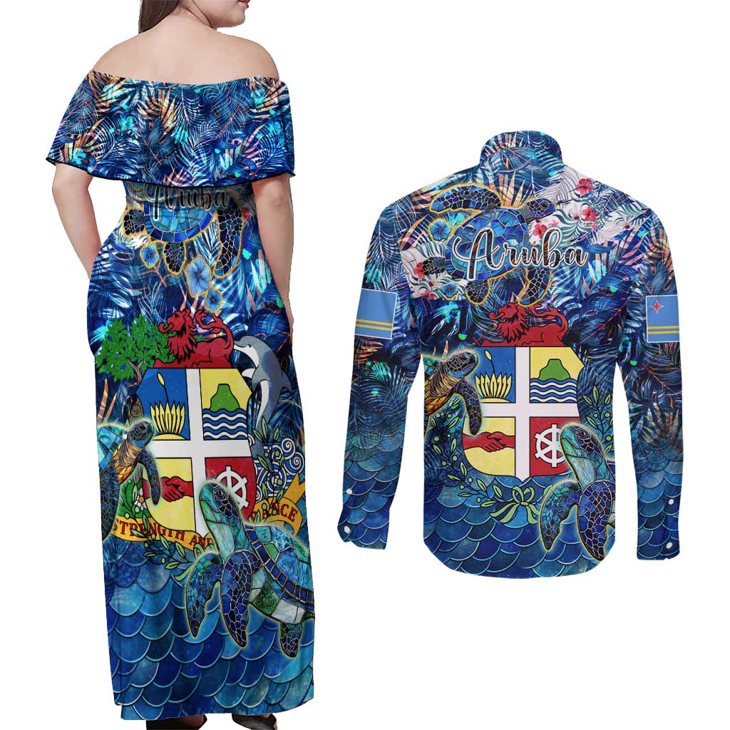 Aruba Couples Matching Off Shoulder Maxi Dress and Long Sleeve Button Shirt Sea Turtle Tropical Pattern