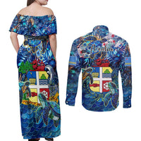 Aruba Couples Matching Off Shoulder Maxi Dress and Long Sleeve Button Shirt Sea Turtle Tropical Pattern