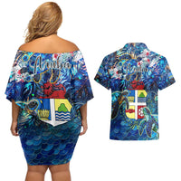 Aruba Couples Matching Off Shoulder Short Dress and Hawaiian Shirt Sea Turtle Tropical Pattern