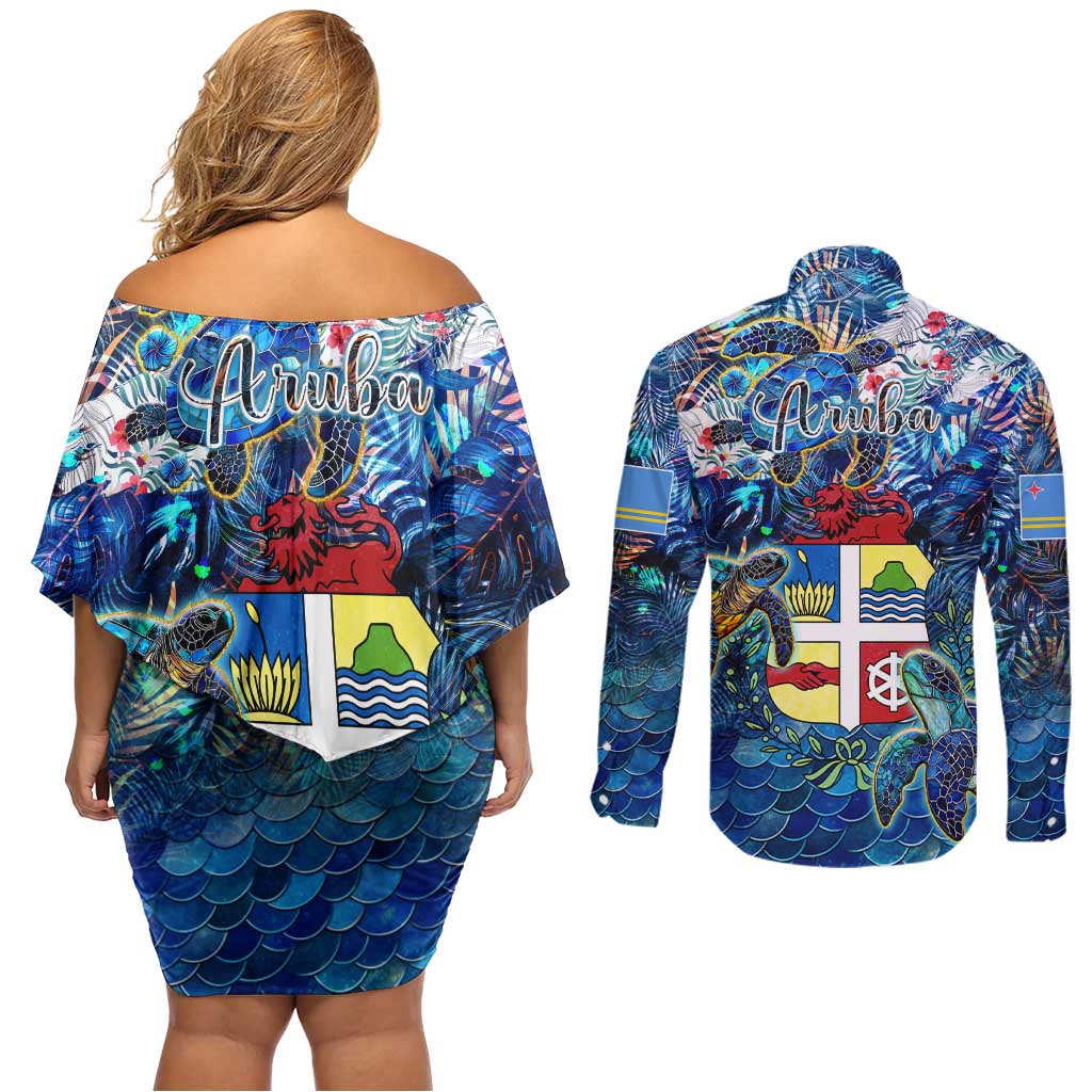 Aruba Couples Matching Off Shoulder Short Dress and Long Sleeve Button Shirt Sea Turtle Tropical Pattern
