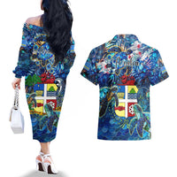 Aruba Couples Matching Off The Shoulder Long Sleeve Dress and Hawaiian Shirt Sea Turtle Tropical Pattern