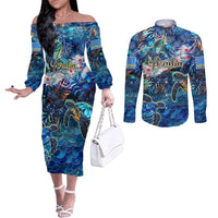 Aruba Couples Matching Off The Shoulder Long Sleeve Dress and Long Sleeve Button Shirt Sea Turtle Tropical Pattern