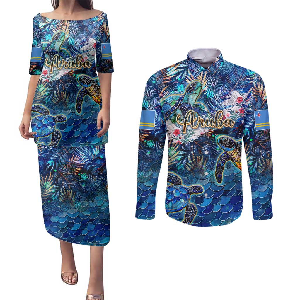 Aruba Couples Matching Puletasi and Long Sleeve Button Shirt Sea Turtle Tropical Pattern