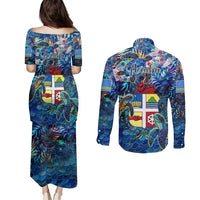 Aruba Couples Matching Puletasi and Long Sleeve Button Shirt Sea Turtle Tropical Pattern