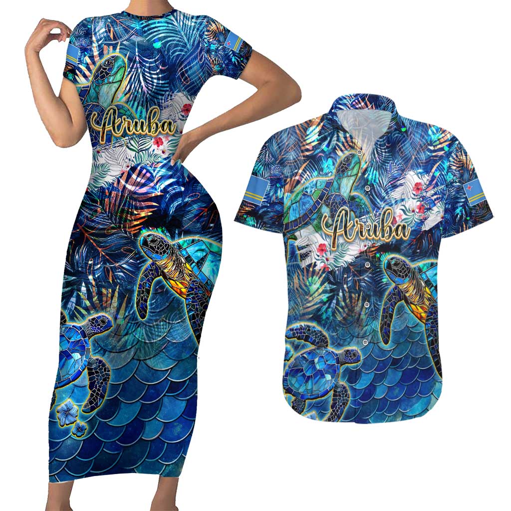 Aruba Couples Matching Short Sleeve Bodycon Dress and Hawaiian Shirt Sea Turtle Tropical Pattern