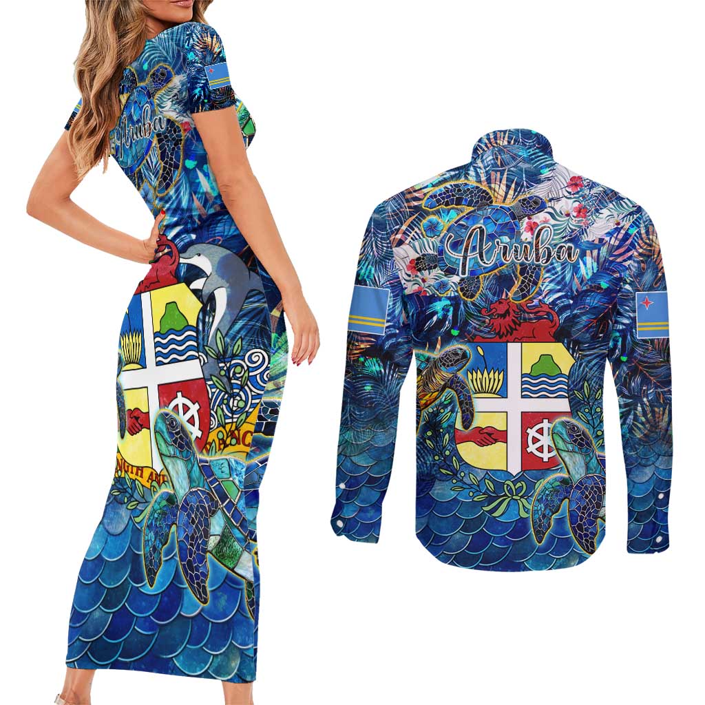 Aruba Couples Matching Short Sleeve Bodycon Dress and Long Sleeve Button Shirt Sea Turtle Tropical Pattern