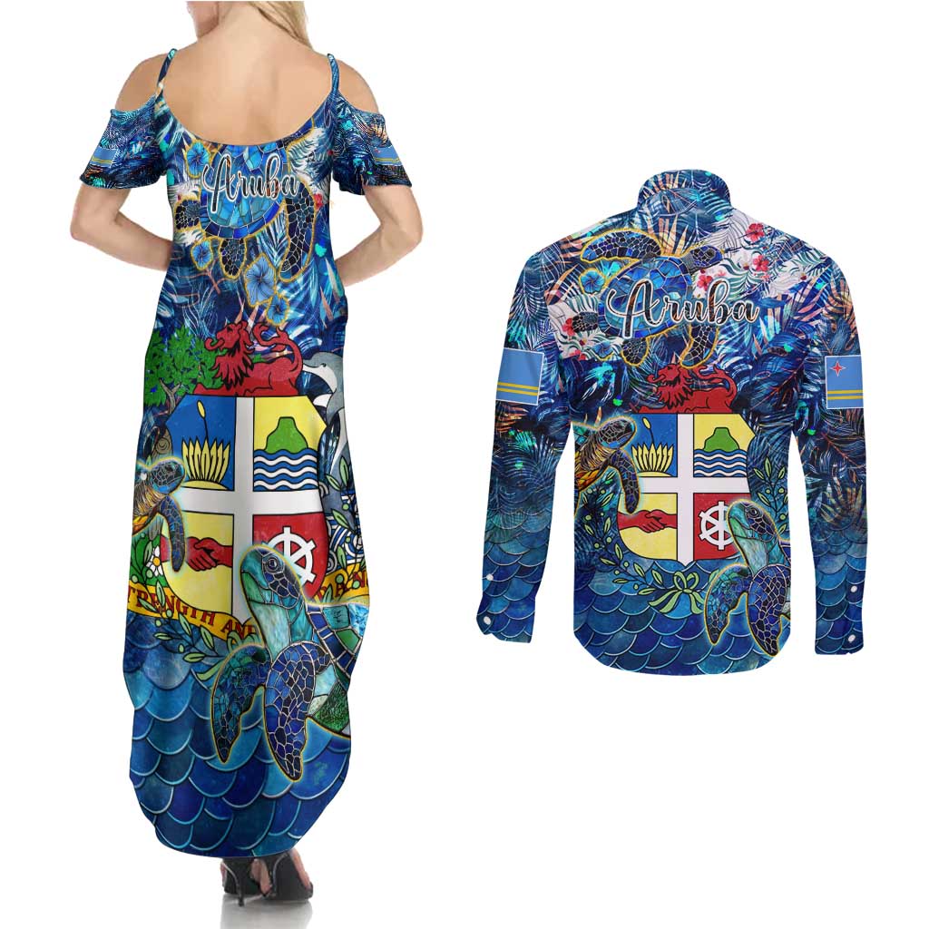 Aruba Couples Matching Summer Maxi Dress and Long Sleeve Button Shirt Sea Turtle Tropical Pattern