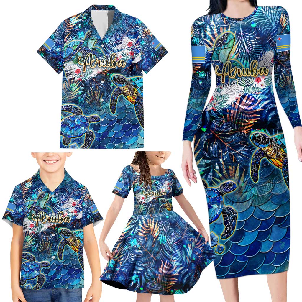 Aruba Family Matching Long Sleeve Bodycon Dress and Hawaiian Shirt Sea Turtle Tropical Pattern