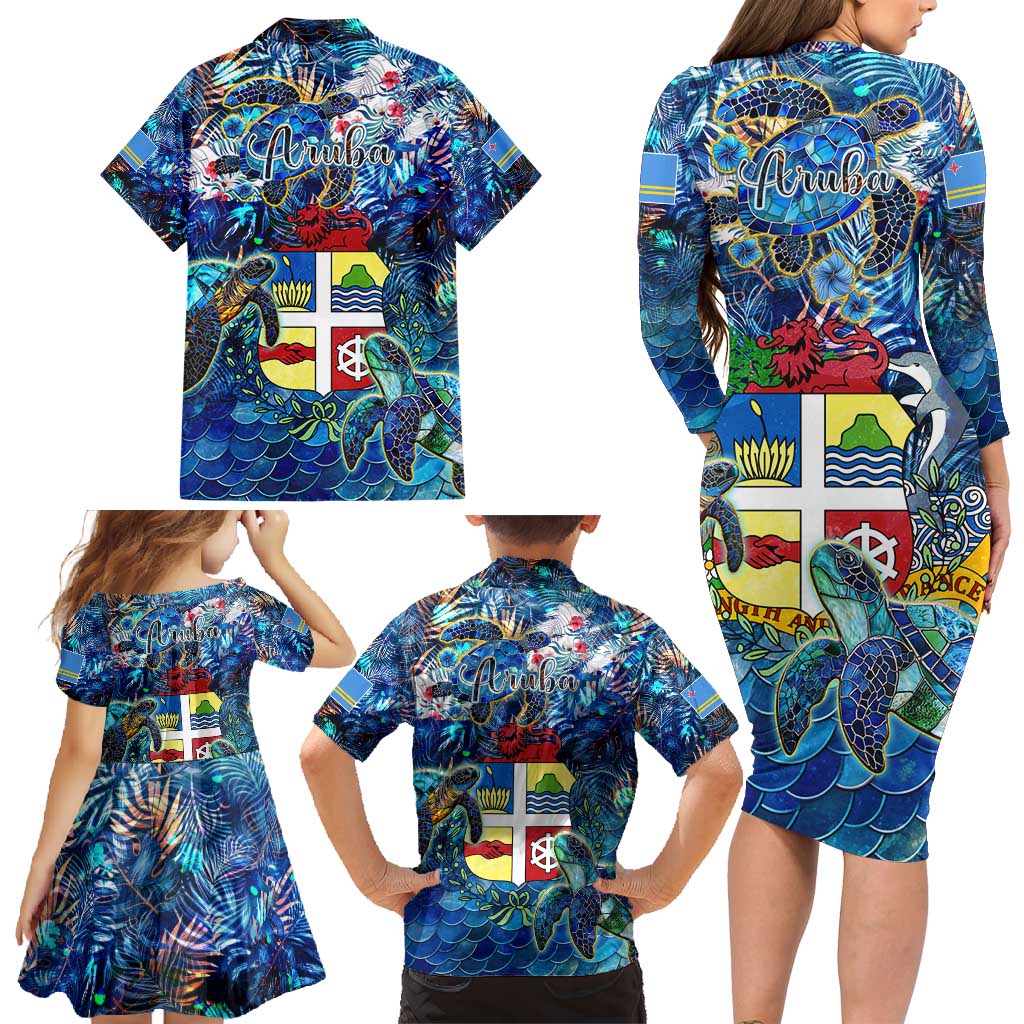 Aruba Family Matching Long Sleeve Bodycon Dress and Hawaiian Shirt Sea Turtle Tropical Pattern