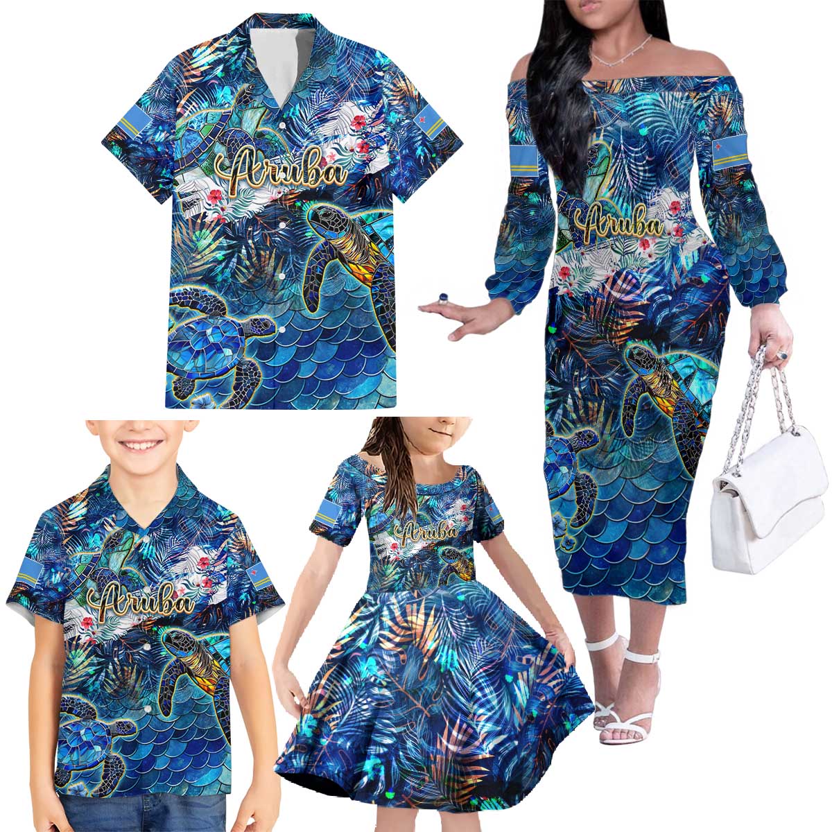 Aruba Family Matching Off The Shoulder Long Sleeve Dress and Hawaiian Shirt Sea Turtle Tropical Pattern