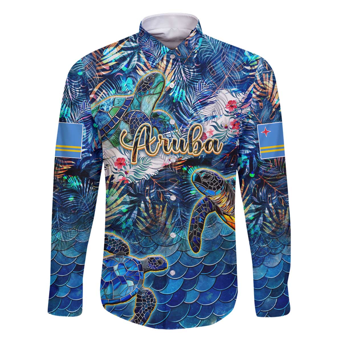 Aruba Family Matching Off The Shoulder Long Sleeve Dress and Hawaiian Shirt Sea Turtle Tropical Pattern