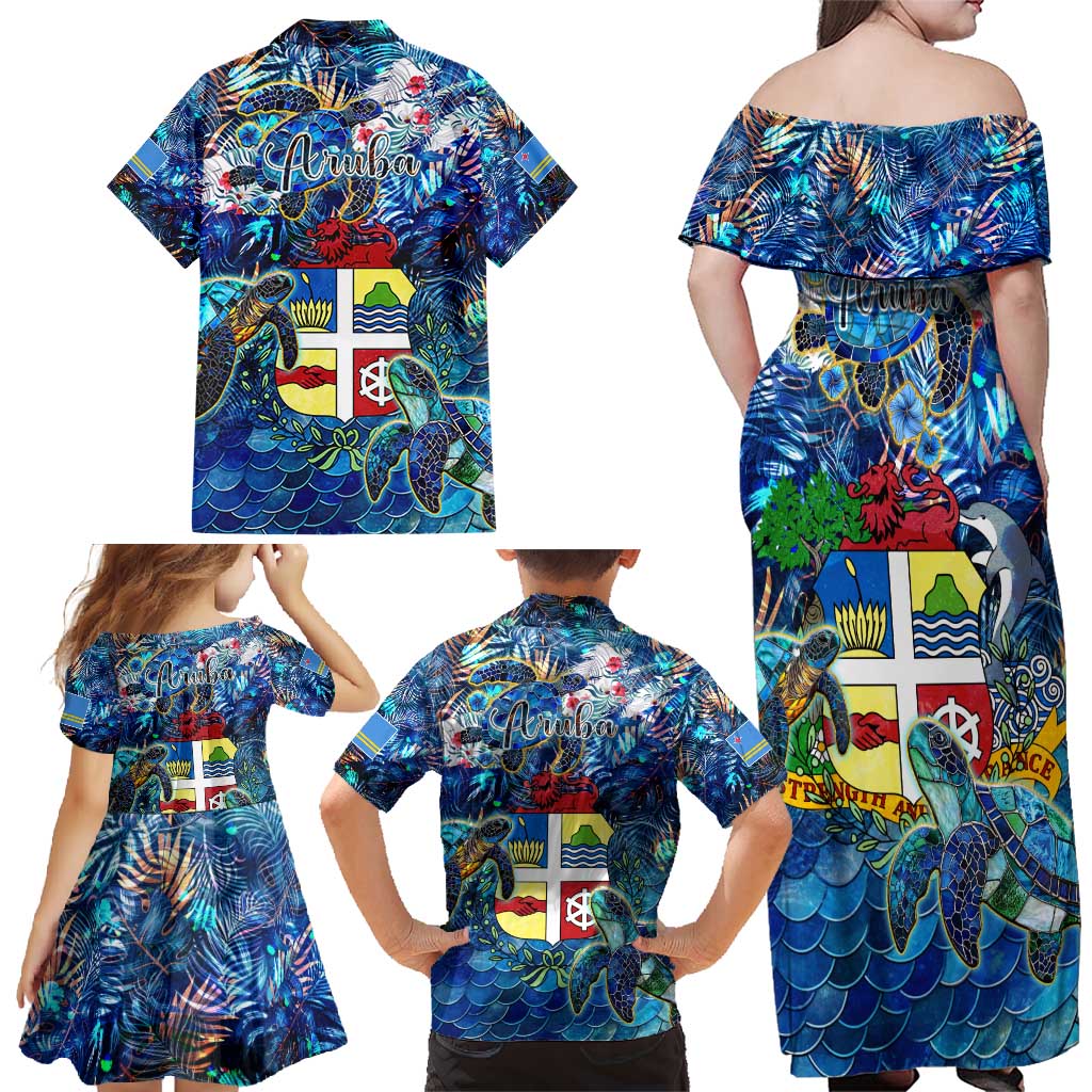 Aruba Family Matching Off Shoulder Maxi Dress and Hawaiian Shirt Sea Turtle Tropical Pattern