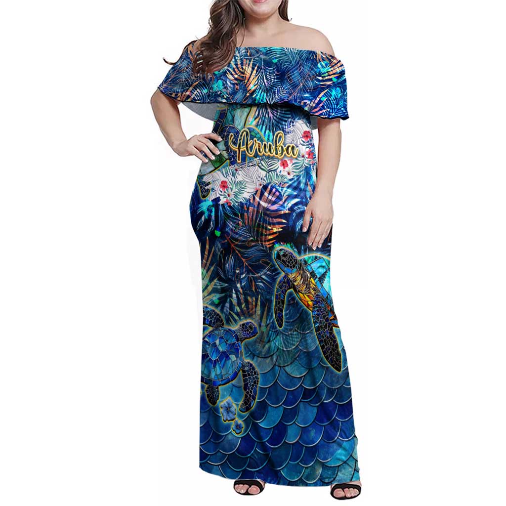Aruba Family Matching Off Shoulder Maxi Dress and Hawaiian Shirt Sea Turtle Tropical Pattern