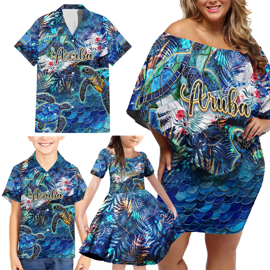 Aruba Family Matching Off Shoulder Short Dress and Hawaiian Shirt Sea Turtle Tropical Pattern - Wonder Print Shop