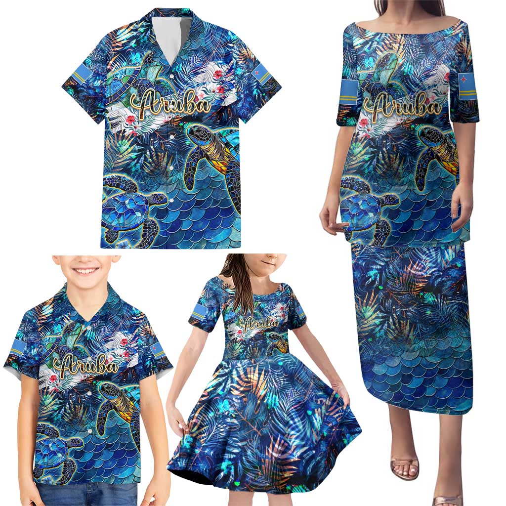 Aruba Family Matching Puletasi and Hawaiian Shirt Sea Turtle Tropical Pattern