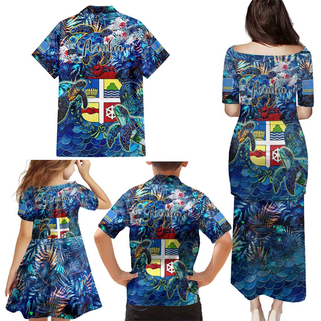 Aruba Family Matching Puletasi and Hawaiian Shirt Sea Turtle Tropical Pattern