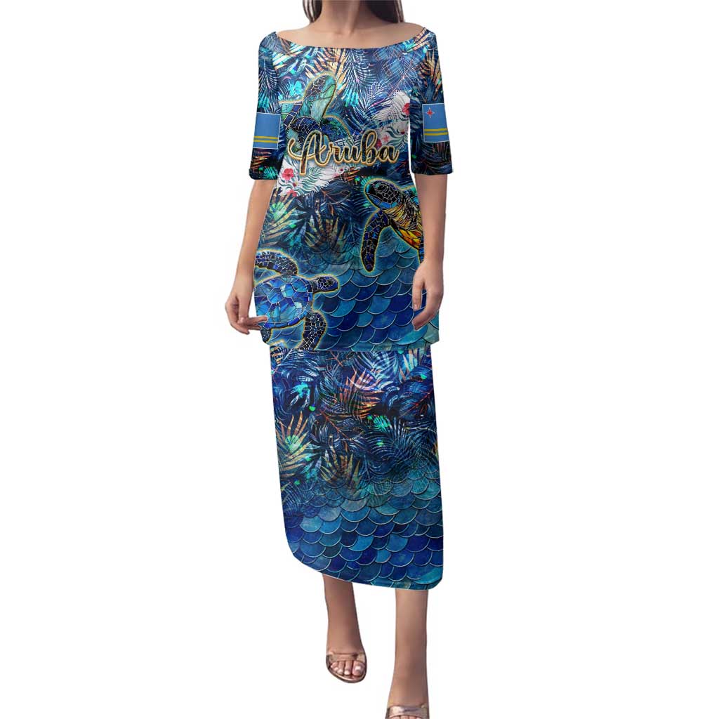 Aruba Family Matching Puletasi and Hawaiian Shirt Sea Turtle Tropical Pattern