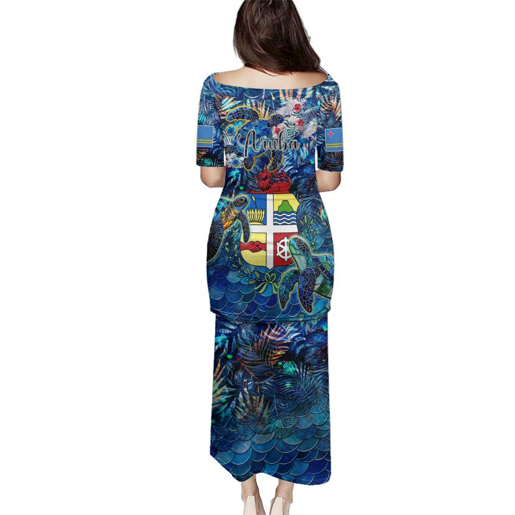 Aruba Family Matching Puletasi and Hawaiian Shirt Sea Turtle Tropical Pattern