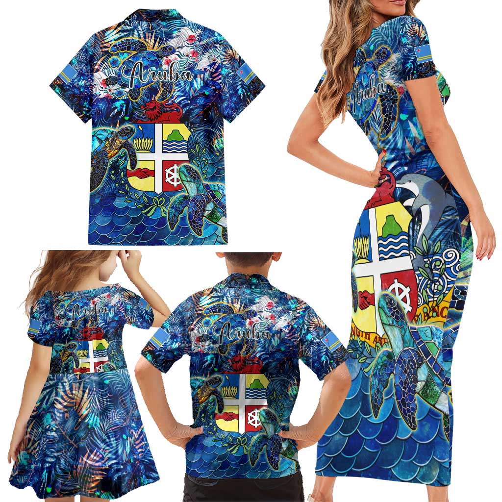 Aruba Family Matching Short Sleeve Bodycon Dress and Hawaiian Shirt Sea Turtle Tropical Pattern - Wonder Print Shop