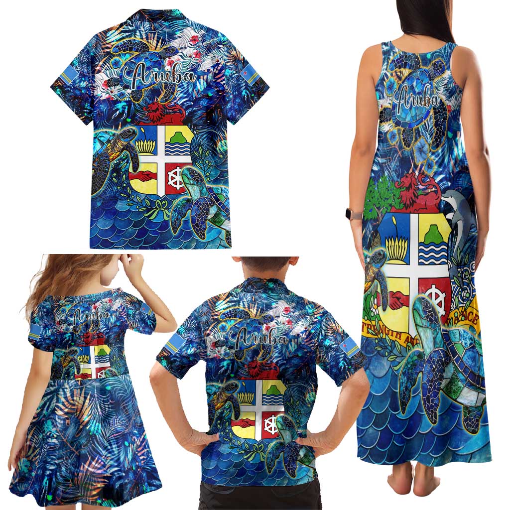 Aruba Family Matching Tank Maxi Dress and Hawaiian Shirt Sea Turtle Tropical Pattern - Wonder Print Shop