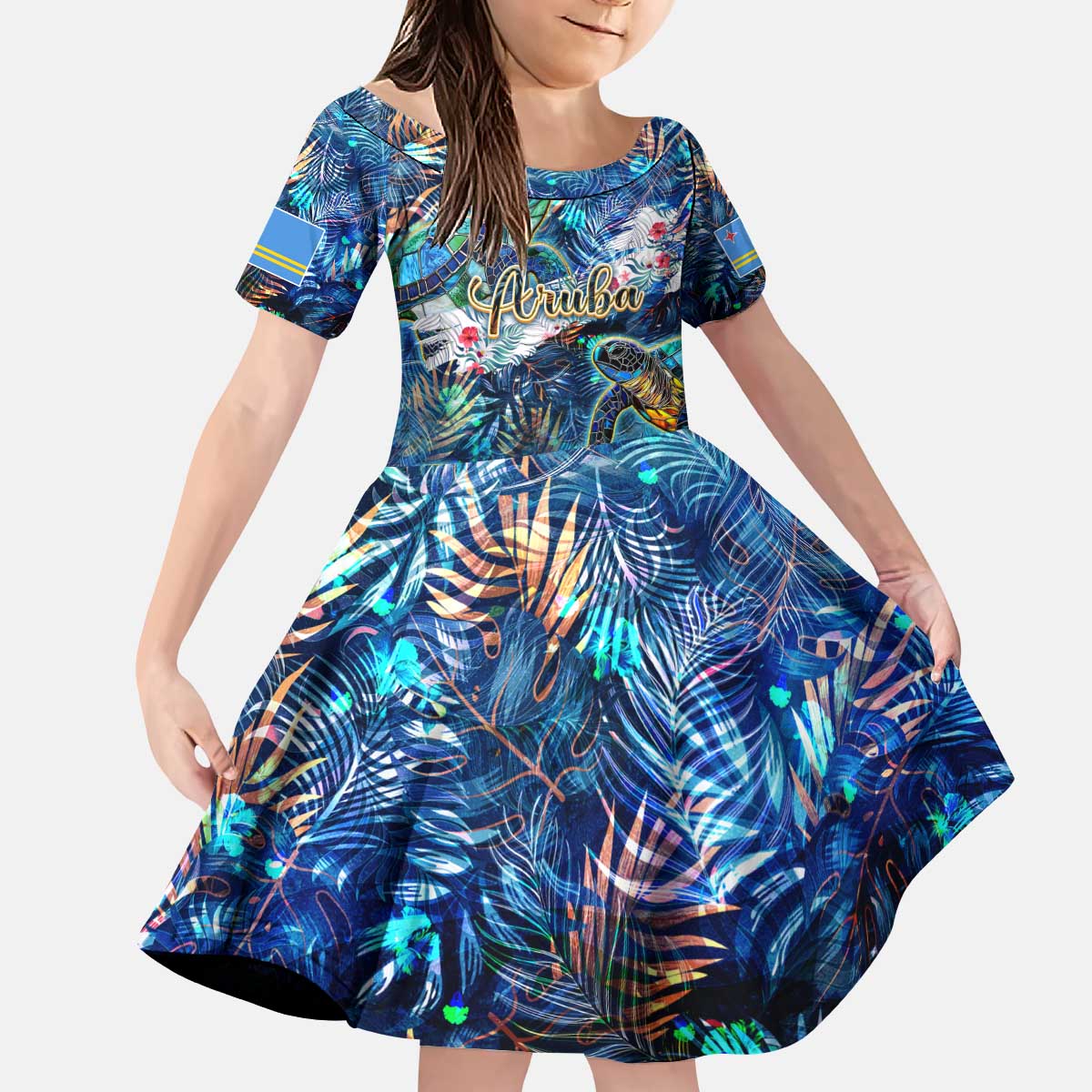 Aruba Kid Short Sleeve Dress Sea Turtle Tropical Pattern - Wonder Print Shop