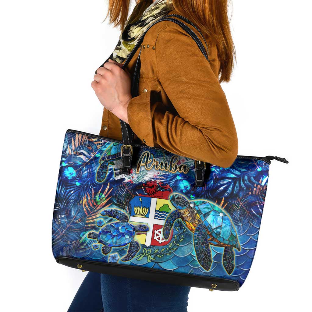 Aruba Leather Tote Bag Sea Turtle Tropical Pattern