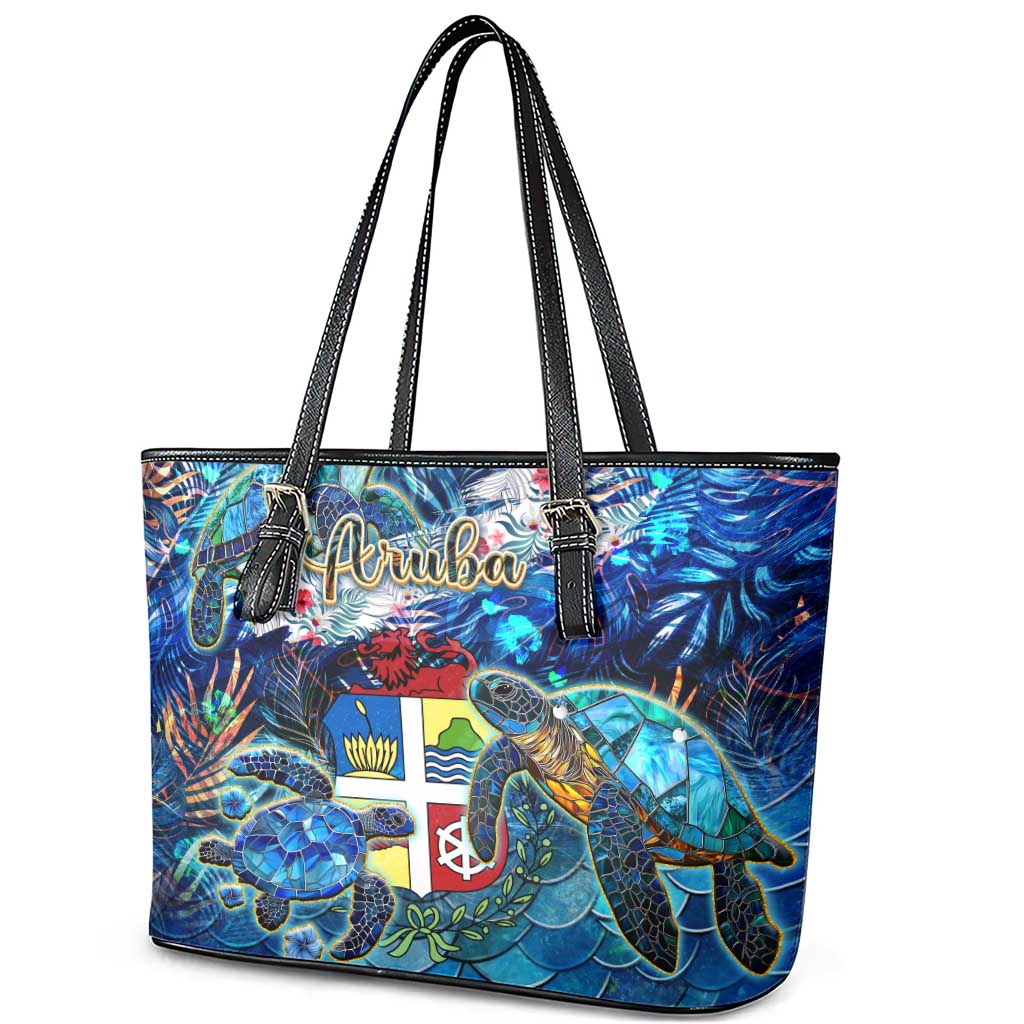 Aruba Leather Tote Bag Sea Turtle Tropical Pattern