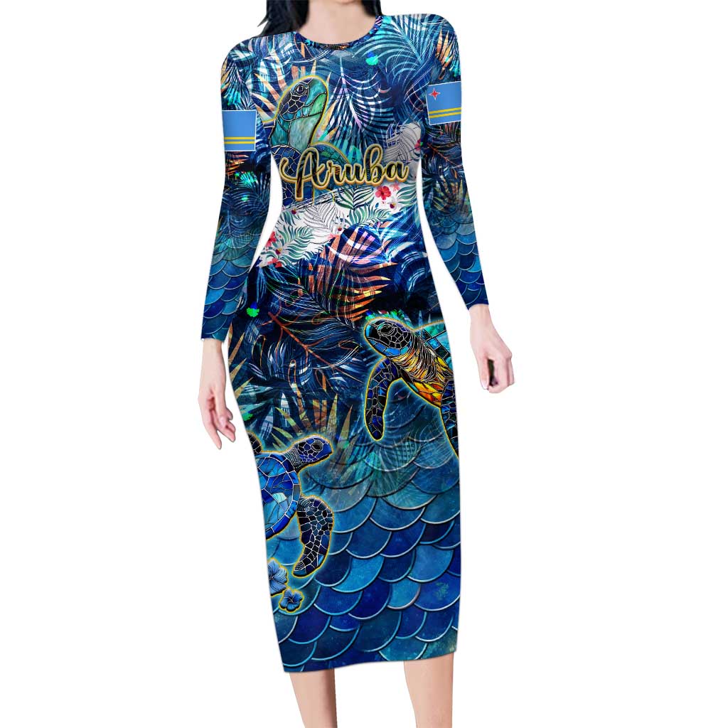 Aruba Long Sleeve Bodycon Dress Sea Turtle Tropical Pattern - Wonder Print Shop